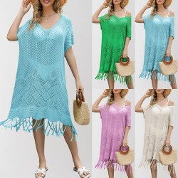 2024 summer Amazon European and American cross-border women's clothing, new solid-color hollowed-out slit beach dress, plus-size cardigan.