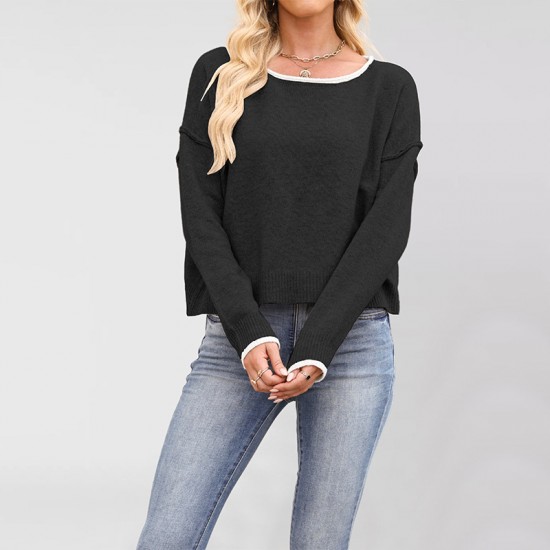 New 2025 Autumn/Winter export Amazon European and American women's solid color fashionable round neck loose pullover sweater