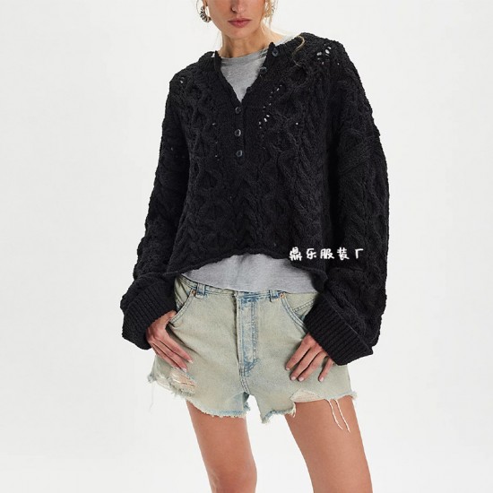 2025 Autumn/Winter New Tiktop Autumn/Winter Cross-Border European and American Women's Sweater Loose One-Breasted Pullover Sweater