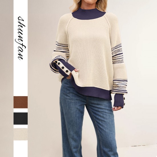 2025 New Fall/Winter Amazon European and American Cross-Border Women's Sweater, Solid Color Half-Turtleneck Loose Pullover Sweater