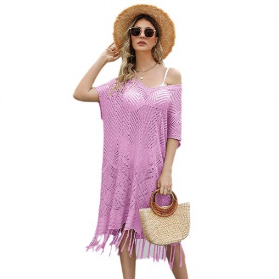 2024 summer Amazon European and American cross-border women's clothing, new solid-color hollowed-out slit beach dress, plus-size cardigan.