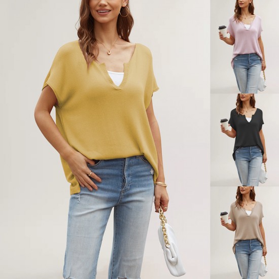 Amazon Temu cross-border hot-selling European and American loose-fitting striped T-shirt, casual pullover, women's short-sleeved sweater.