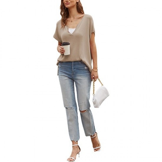 Amazon Temu cross-border hot-selling European and American loose-fitting striped T-shirt, casual pullover, women's short-sleeved sweater.