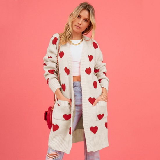 New European and American cross-border women's Amazon best-selling Valentine's Day heart-shaped peach cardigan, pocket V-neck cropped coat