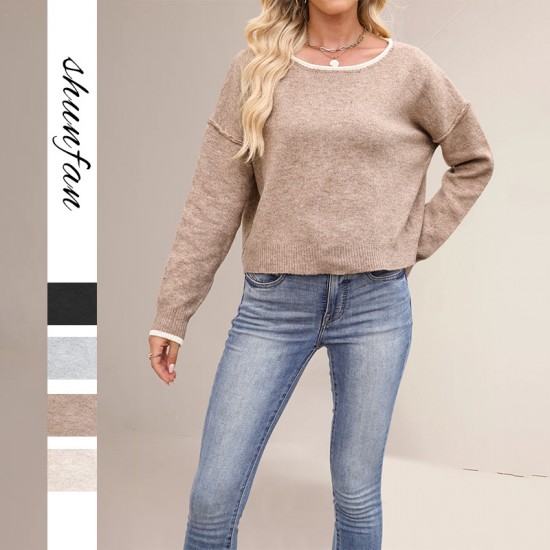 New 2025 Autumn/Winter export Amazon European and American women's solid color fashionable round neck loose pullover sweater