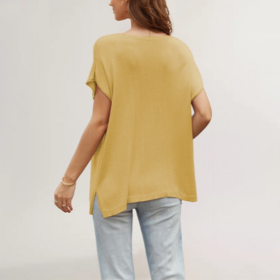 Amazon Temu cross-border hot-selling European and American loose-fitting striped T-shirt, casual pullover, women's short-sleeved sweater.