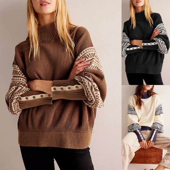 New Autumn/Winter Amazon Hot-Selling Knitted Colorblock Half-Turtleneck Fashion Pullover Sweater 2025 Cross-Border European and American Women's Clothing