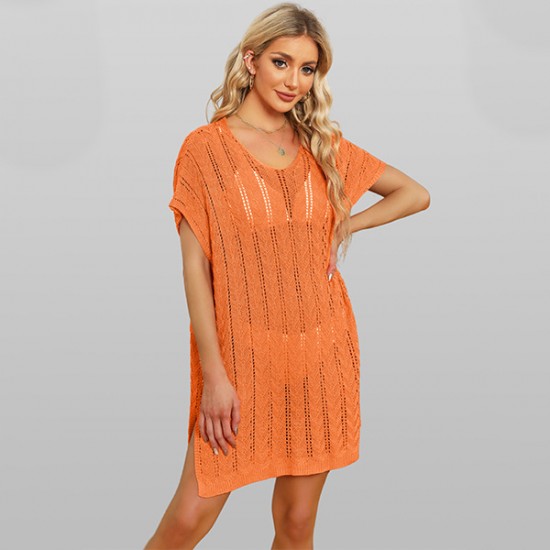 2024 summer Amazon European and American new patchwork hollowed-out beach dress, loose plus-size three-quarter sleeve bikini cover-up.