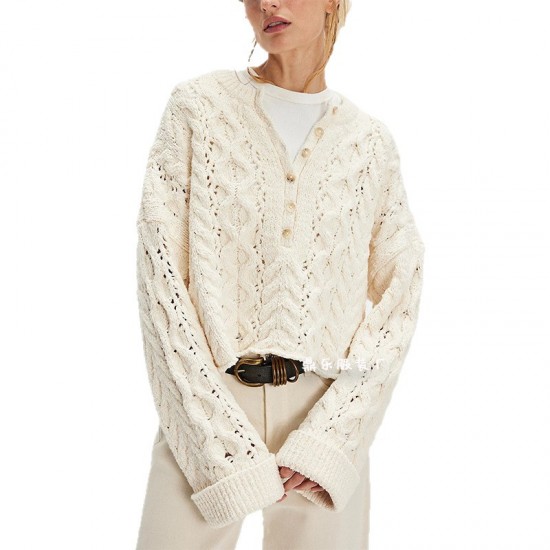 2025 Autumn/Winter New Tiktop Autumn/Winter Cross-Border European and American Women's Sweater Loose One-Breasted Pullover Sweater