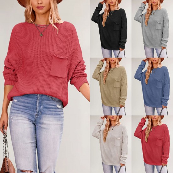 2025 New Winter Amazon Autumn/Winter Women's Solid Color Pocket Crew Neck Sweater (Oversized Christmas Style)
