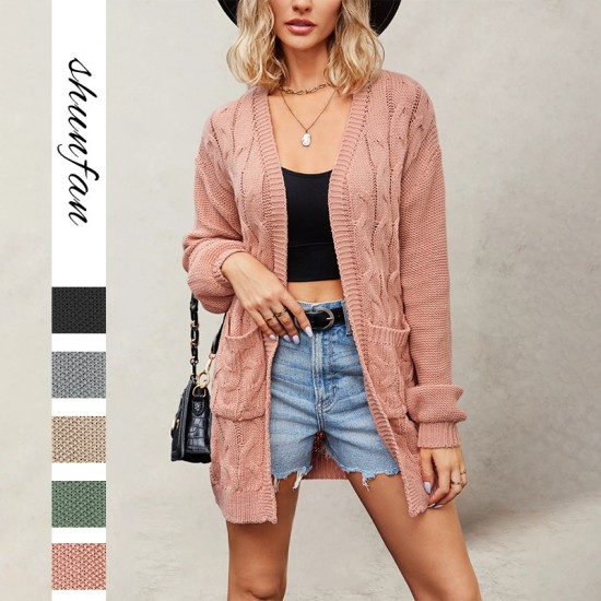 New winter cross-border European and American women's Amazon best-selling V-neck diamond patchwork loose knitted coat with contrasting colors