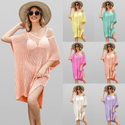 2024 summer Amazon Temu European and American hot-selling solid-color hollowed-out V-neck loose plus-size tassel beach dress.