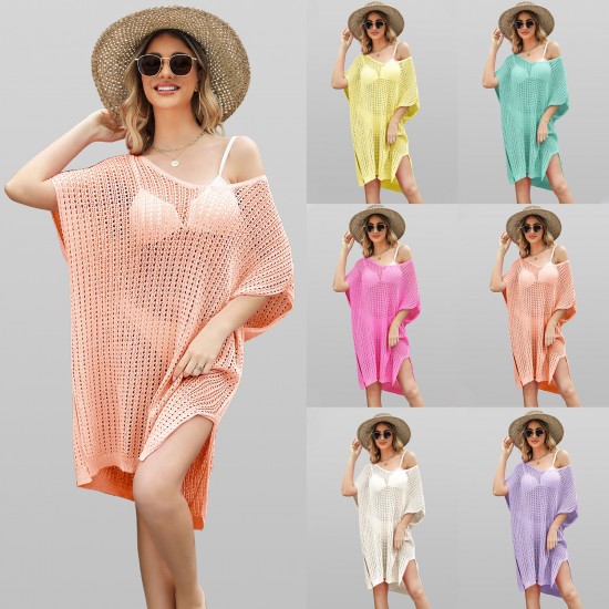 2024 summer Amazon Temu European and American hot-selling solid-color hollowed-out V-neck loose plus-size tassel beach dress.