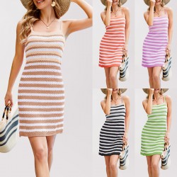 2025 Amazon new contrasting striped European and American fashion short top and vest dress set.