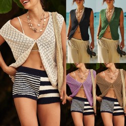 2025 Summer Cross-Border New European and American women's knitted sweaters, loose-fitting, oversized short-sleeved shorts, fashionable suits.