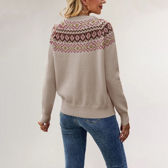 New 2025 autumn and winter sweaters, European and American women's cross-border hot-selling colorblock round-neck loose casual pullover sweater