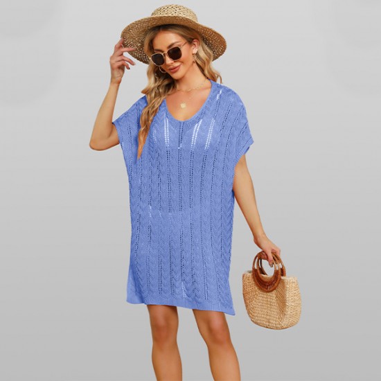 2024 summer Amazon European and American new patchwork hollowed-out beach dress, loose plus-size three-quarter sleeve bikini cover-up.