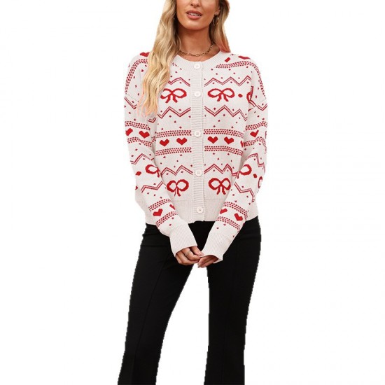 2025 new foreign trade influencer versatile cross-border heart-shaped buttoned cardigan, color-blocked Valentine's Day knitted coat for women