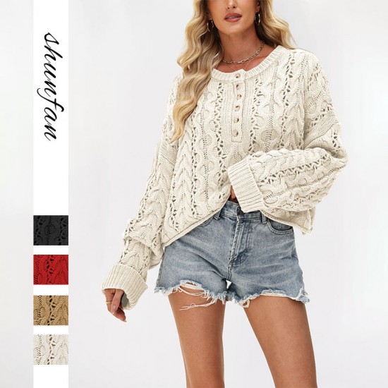 Autumn and winter 2025 new square-neck button-down cross-border knitted sweater for European and American women's hot-selling fashionable loose cardigan