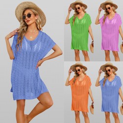 2024 summer Amazon European and American new patchwork hollowed-out beach dress, loose plus-size three-quarter sleeve bikini cover-up.