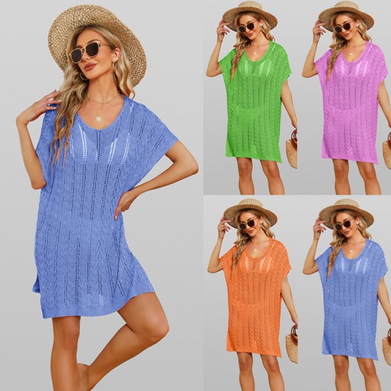 2024 summer Amazon European and American new patchwork hollowed-out beach dress, loose plus-size three-quarter sleeve bikini cover-up.