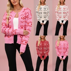 2025 new foreign trade influencer versatile cross-border heart-shaped buttoned cardigan, color-blocked Valentine's Day knitted coat for women