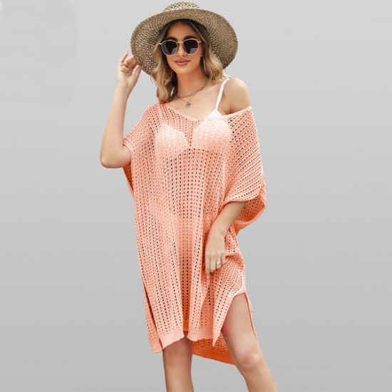 2024 summer Amazon Temu European and American hot-selling solid-color hollowed-out V-neck loose plus-size tassel beach dress.