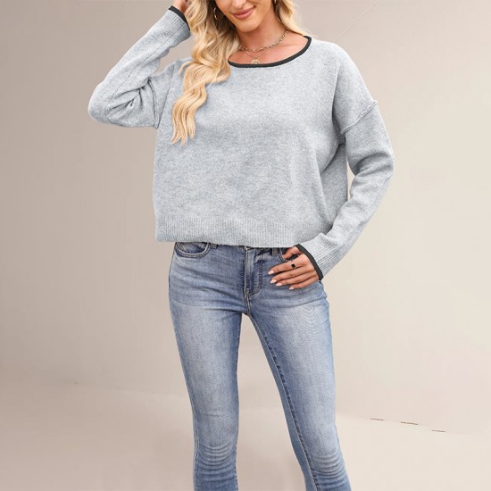 New 2025 Autumn/Winter export Amazon European and American women's solid color fashionable round neck loose pullover sweater
