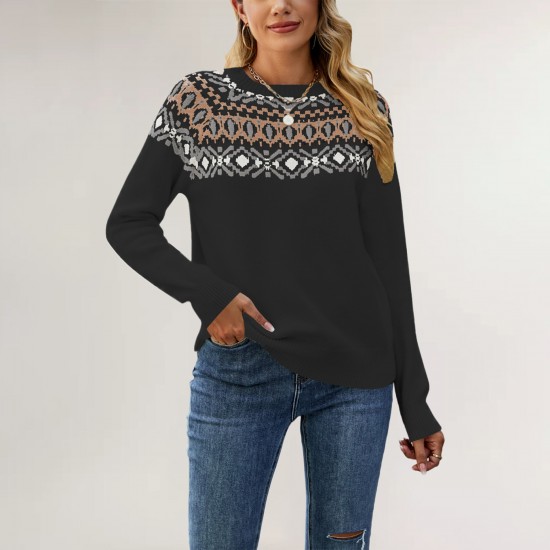 New 2025 autumn and winter sweaters, European and American women's cross-border hot-selling colorblock round-neck loose casual pullover sweater