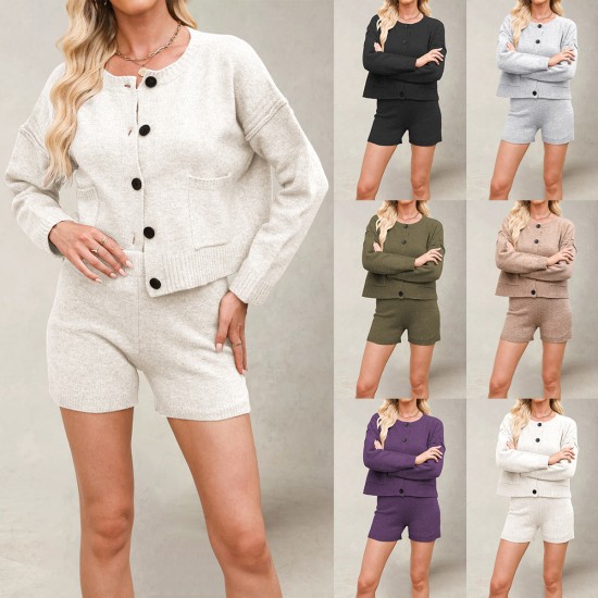 Autumn/Winter New European and American Cross-Border Women's Clothing Solid Color Lapel Pocket Cardigan Three-Button Mid-Length Sweater Jacket