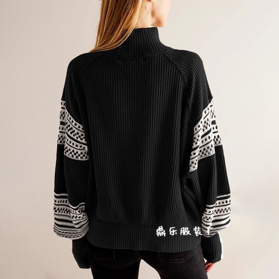 New Autumn/Winter Amazon Hot-Selling Knitted Colorblock Half-Turtleneck Fashion Pullover Sweater 2025 Cross-Border European and American Women's Clothing