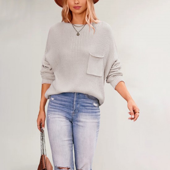 2025 New Winter Amazon Autumn/Winter Women's Solid Color Pocket Crew Neck Sweater (Oversized Christmas Style)